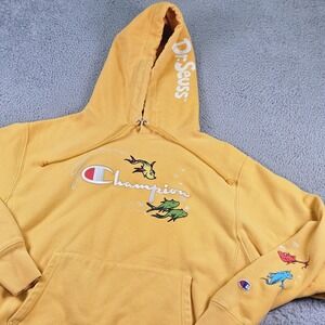 Champion Reverse Weave Hoodie Mens Large Yellow Dr Seuss Fish Graphic Fleece
